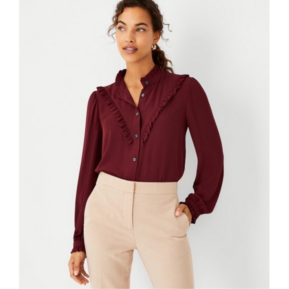 Ann Taylor Burgundy Long Sleeve Ruffle Button Down Blouse